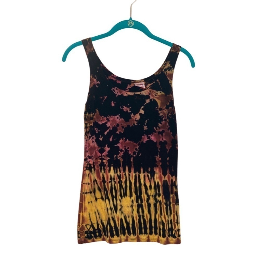 Three Cranes Gallery Tank Top Black with Yellow, Purple & Orange Tye Dye Size M